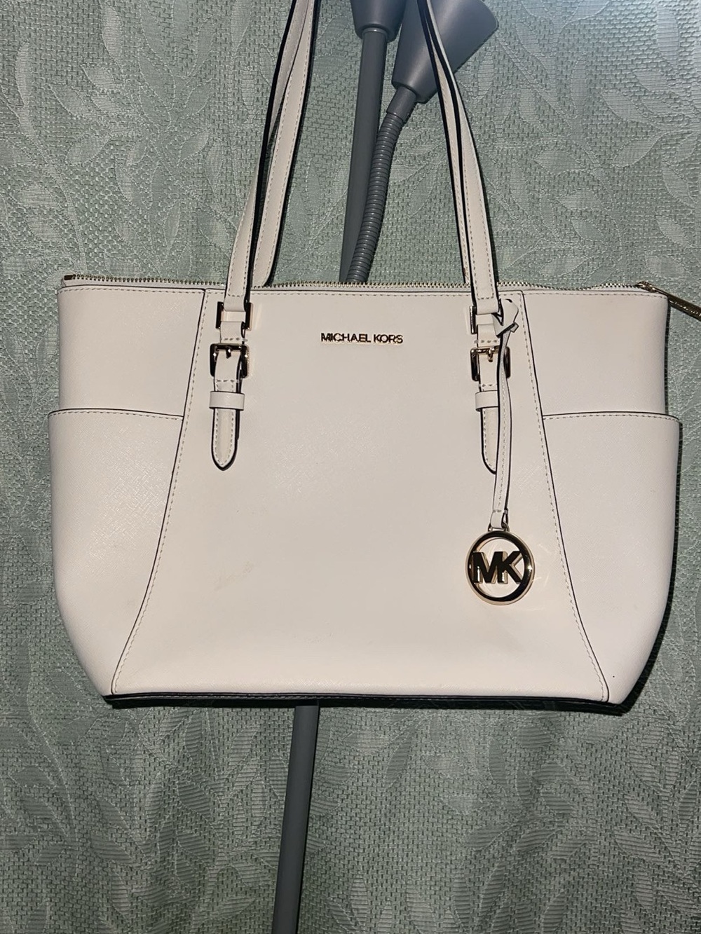 Michael Kors White Leather Tote with Gold MK Charm